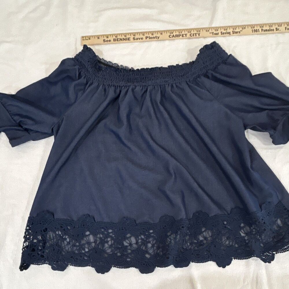 Unique Spectrum Blue Off Shoulder Smocked Lace Hem Short Sleeve Blouse 1X. 0154